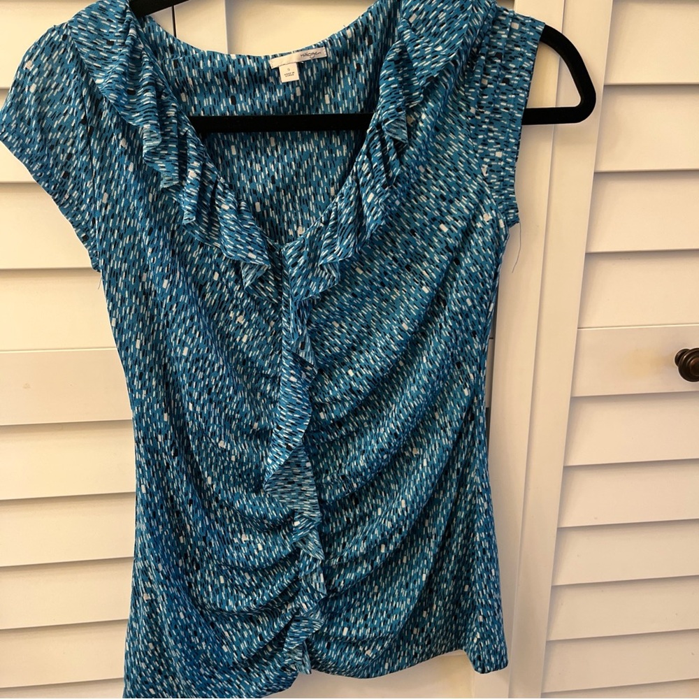 Halogen Blue Ruffled Women's Blouse with ruching